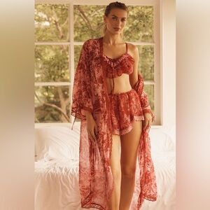 Anthropologie LyreBird Embroidered Lace-Trim Kimono in Pink